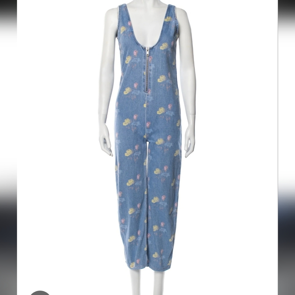 Ganni Blue Floral V-Neck Jumpsuit